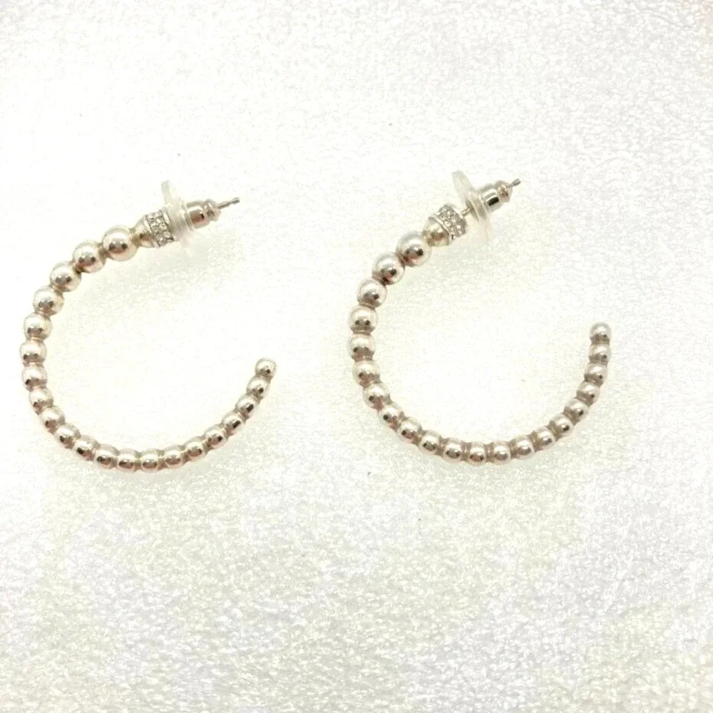 Silver Tone Beaded Open Hoop‎ Earrings Rhinestone Accent Womens Fashion Jewelry